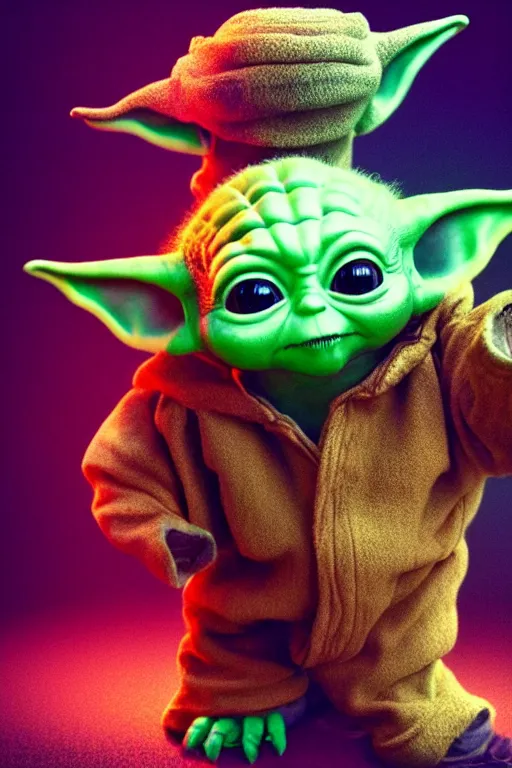 Prompt: colorful full body shot of baby yoda, trending on artstation, trending on deviantart ,cinematic backlighting, 8k, hyper detail, studio disney