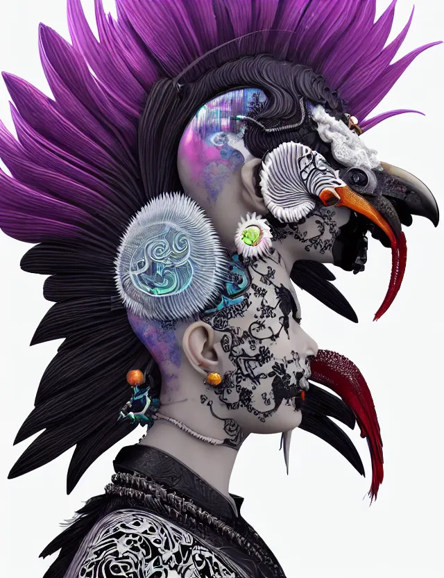 Image similar to 3 d goddess close - up profile portrait punk with mohawk with ram skull. beautiful intricately detailed japanese crow kitsune mask and clasical japanese kimono. betta fish, jellyfish phoenix, bio luminescent, plasma, ice, water, wind, creature, artwork by tooth wu and wlop and beeple and greg rutkowski