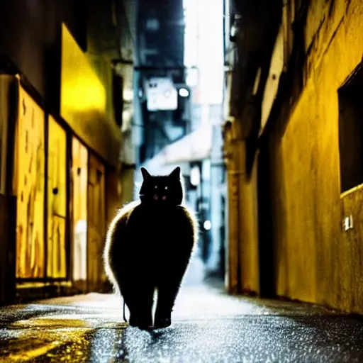Image similar to a big black cat standing on the back paws and wearing yellow raincoat, cat is standing in the dark corner of a small badly lit street of a cyberpunk city