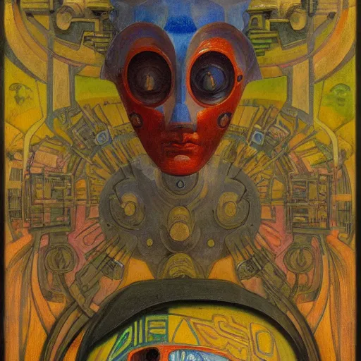 Image similar to the mechanical robot in her floral mask, by annie swynnerton and diego rivera and nicholas roerich and jean delville, symbolist, dramatic lighting, elaborate geometric ornament, art brut, soft cool colors, smooth, sharp focus, extremely detailed, adolf wolfli and donato giancola