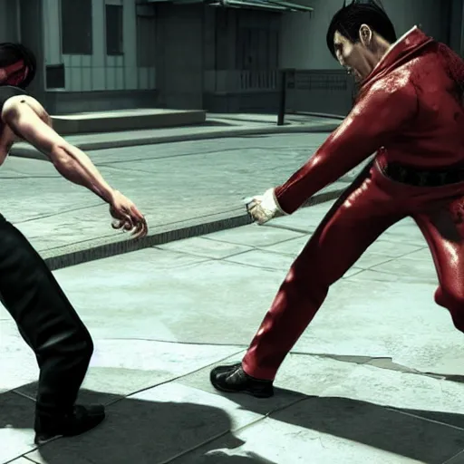 Image similar to Kiryu Kazuma from Yakuza beating up Steven Armstrong from Metal Gear Rising Revengeance, 3d render, realistic, dynamic action, cool, 4k