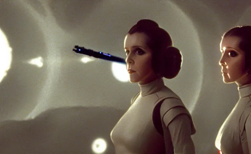 Image similar to screenshot portrait of Princess Leia using her lightsaber on a strange planet of maelstrom, chaos, the world without form and void, 1970s film by Stanley Kubrick, iconic scene, HR Geiger design, stunning cinematography, octane render, hyper-detailed, sharp, anamorphic lenses, kodak color, 4k, stunning