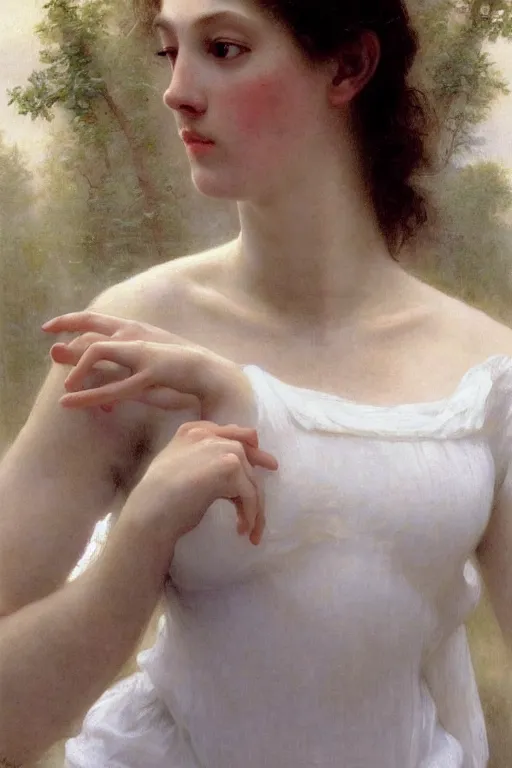 Prompt: portrait of a giant beautiful athletic pale girl, white dress, moonlight, hd, realistic, bouguereau