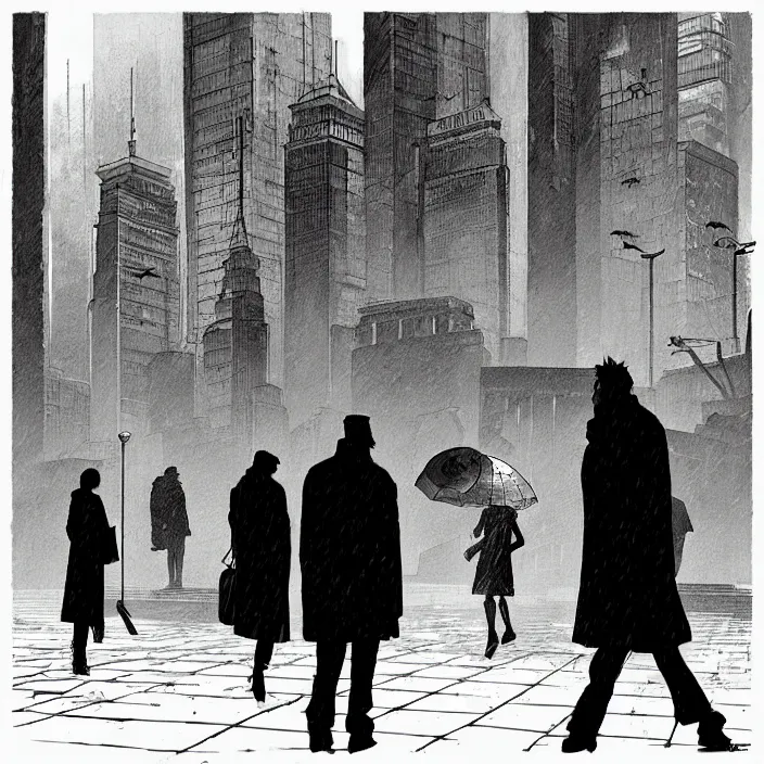 Image similar to sales stall selling umbrellas, in a square, pedestrians walk past. background of old soviet monument. storyboard, scifi cyberpunk. by gabriel hardman, joe alves, chris bonura. cinematic atmosphere, detailed and intricate, perfect anatomy