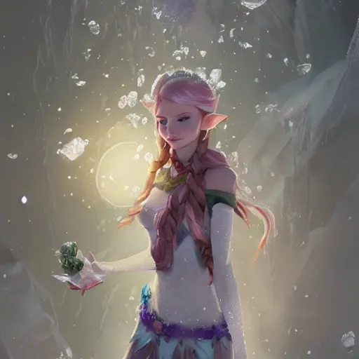 Image similar to a fantasy elf woman trapped and frozen trying to get out of a block of clear ice, with frozen flowers around her, artstation, greg rutkowski