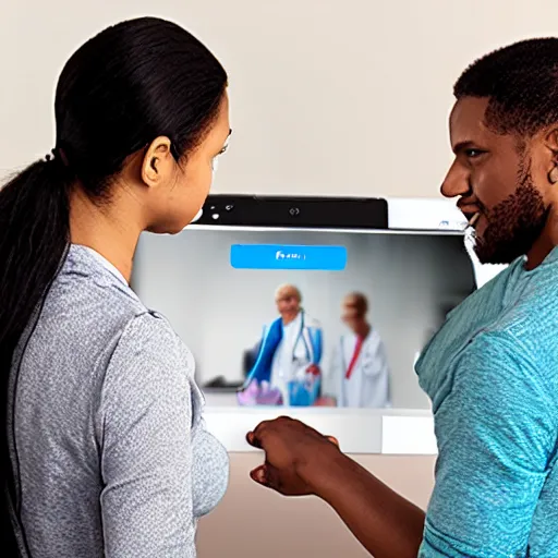 Image similar to a virtual doctor helping a patient with a cardio training app