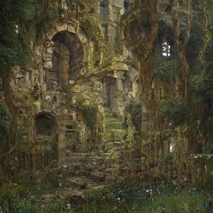 Prompt: ancient overgrown! ruins, medieval gates, runestones, mysetrious etherial mesmerizing runic!!, eyes, magical elven geometry, concept art by gustav klimt!, deviantart contest winner, environmental art, high detail, greg rutkowski