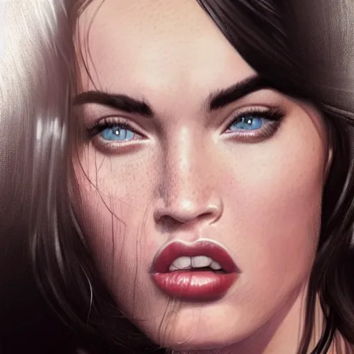 Image similar to megan fox sticking her tongue out at camera. long tongue! hyperrealistic portrait, photo realistic, poster, artstation, volumetric lighting, digital art, very detailed face by magali villeneuve
