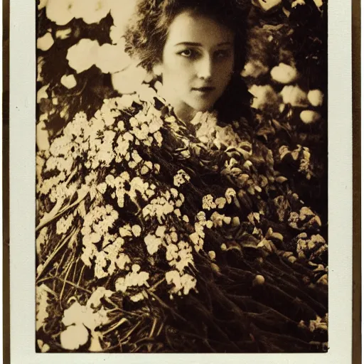 Image similar to portrait of a beautiful woman covered in flowers, Forest, ray gods, 1910 polaroid photography