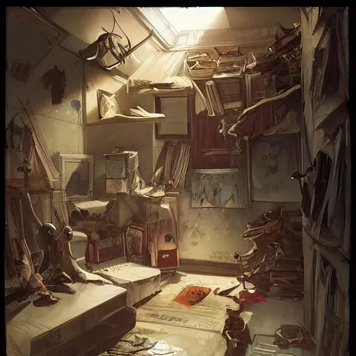 Image similar to detailed room in the sewer lair The room is a clean and delicate room ,over the bed there is a sword rack ,everything is neat ,stack of comics on the floor,soft,light,bright,epic,awesome,digital art, by Greg rutkowski and rossdraws