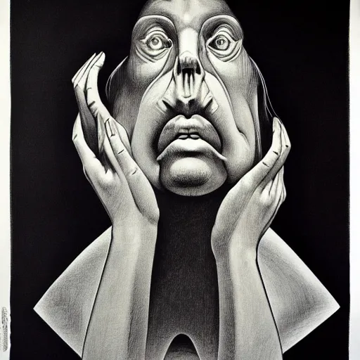 Image similar to white lithography on paper conceptual figurative ( post - morden ) monumental dynamic portrait drawn by hogarth and escher and francis bacon, inspired by goya, illusion surreal art, highly conceptual figurative art, intricate detailed illustration, controversial poster art, polish poster art, geometrical drawings, no blur