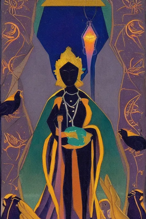 Image similar to queen of night with her lantern and birds, by Nicholas Roerich, black leather and embroidered velvet, iridescent beetles, rich color, dramatic cinematic lighting, extremely detailed