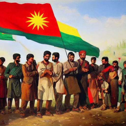 Prompt: a painting of a group of kurdish people standing in front of a kurdish flag, an oil painting by ilya ostroukhov, featured on deviantart, socialist realism, ilya kuvshinov, movie still, oil on canvas