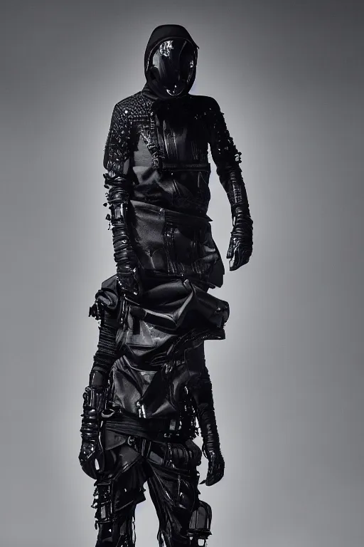 Prompt: avant garde techwear look and clothes, we can see them from feet to head, highly detailed and intricate, hypermaximalist, tonal colors, futuristic, luxury, Rick Owens, Errolson Hugh, Yohji Yamamoto, Y3, ACRNYM, cinematic outfit photo