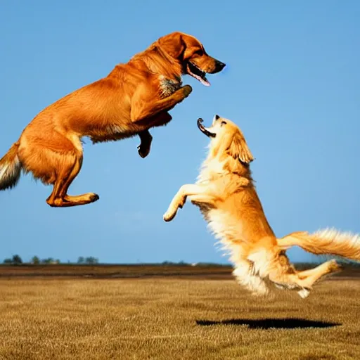 Prompt: fox jumping over a lazy golden retriever