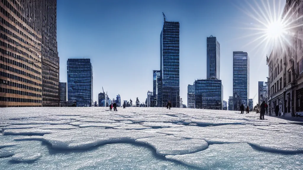 Prompt: a high detailed astonishing wide lens street photo, skyscrappers made of snow and ice are melting on the sun, melted ice and steel, award winning architectural photography, 8 k, hyperreal