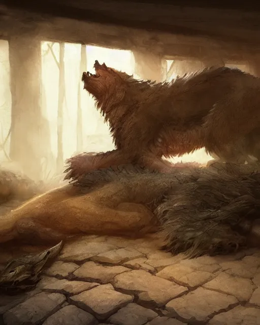 Prompt: medieum shot of a warg!!! dire wolf sleeping on a mat in a corner of a adobe house, torchlit, concept art by marc simonetti and christophe vacher, trending on artstation