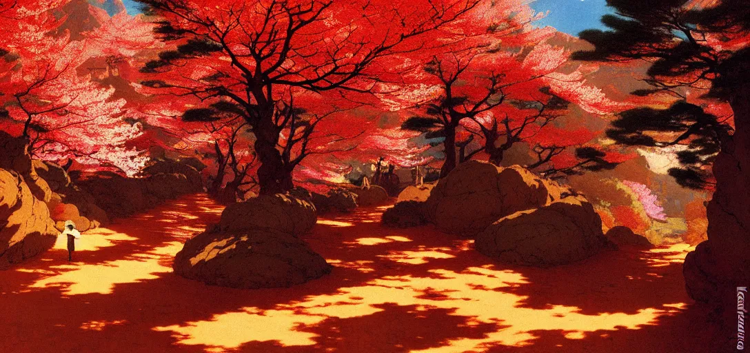 Prompt: ghibli illustrated luminism background of a trail leading through a strikingly beautiful landform with strange rock formations and blood red waterfall, fallen leaves blow in the wind and cherry blossoms by vasily polenov, eugene von guerard, ivan shishkin, albert edelfelt, john singer sargent, albert bierstadt 4 k