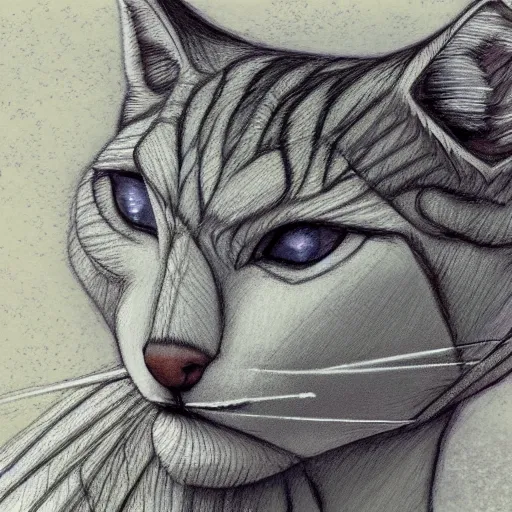 Prompt: sketch of white anthropomorphic lynx cat, portrait by Carlos Shwabe, furry fantasy art, 4k, trending on artstation