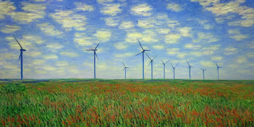 Prompt: beautiful fields of wind farms painted by monet, very pretty!!