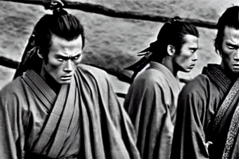 Image similar to young clint eastwood as a ronin samurai brothers, in robes, in the movie seven samurai ( 1 9 5 4 ). grainy movie still, high detail, sharp focus