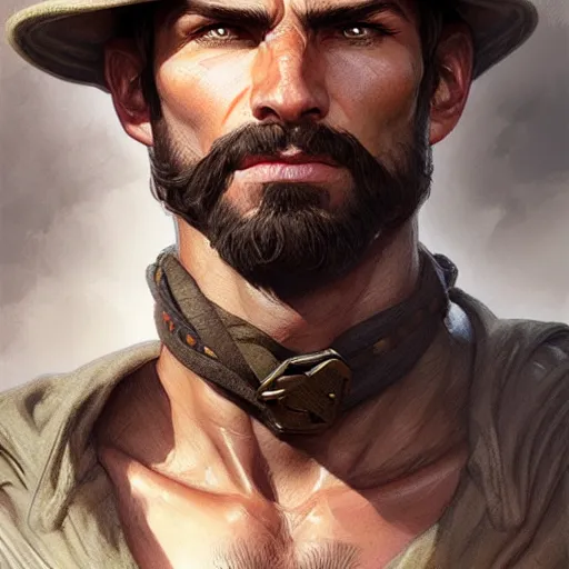 Image similar to Portrait of rugged male ranger, D&D, muscular, fantasy, intricate, elegant, highly detailed, digital painting, artstation, concept art, smooth, sharp focus, illustration, art by artgerm and greg rutkowski and alphonse mucha