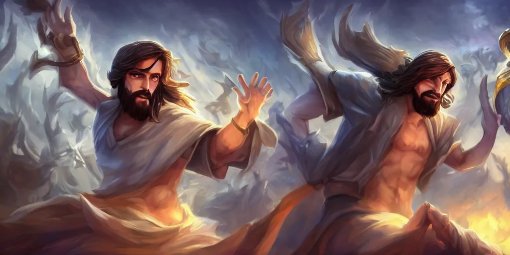 Prompt: jesus splash art as a league of legends character, digital art, riot games