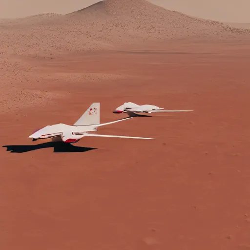 Image similar to two sleek white long spacecraft with red details, flying diagonally over the surface of mars, highly detailed, view from above, photorealistic, cinematic, sci-fi, octane render