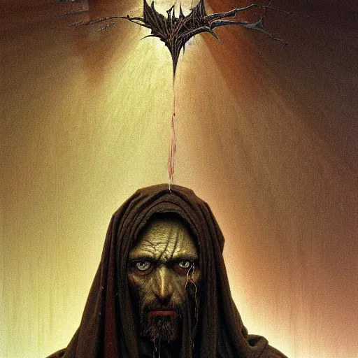 Image similar to portrait of demonic Jesus Christ in hood and crown of thorns, dark fantasy, Warhammer, artstation painted by Zdislav Beksinski and Wayne Barlowe