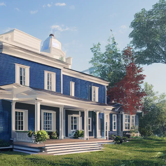 Image similar to modern new england colonial house with a round blue door, brick cape house, realistic, unreal engine render, octane render, hyper realistic, photo, 8 k