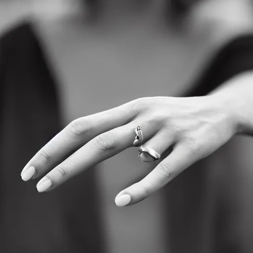 Prompt: a normal female hand with a five fingers and ring and a cigarette between the middle and index fingers