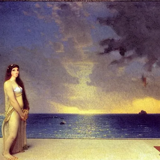 Image similar to Silhouette of a girl at the palace, thunderstorm, greek pool, beach and palm trees on the background major arcana sky, by paul delaroche, alphonse mucha and arnold böcklin arnold böcklin hyperrealistic 8k, very detailed