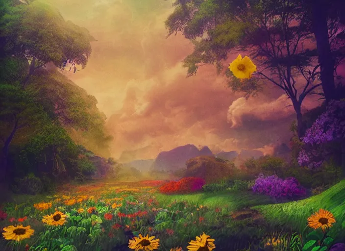 Image similar to 🌈🌻, lowbrow inthe style of camille rose garcia, matte painting, 8 k,