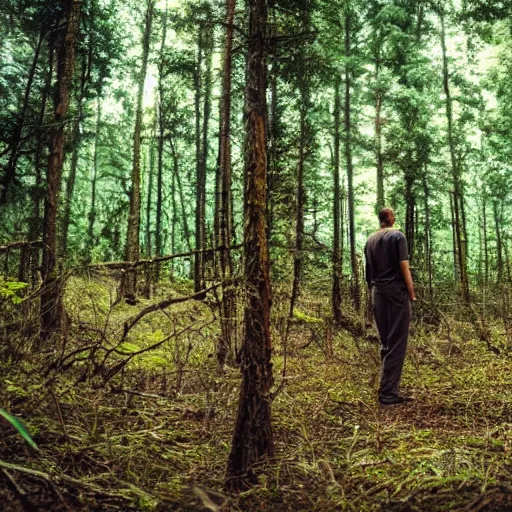 Image similar to a man looking in the forest to see an oversized terrifying creature