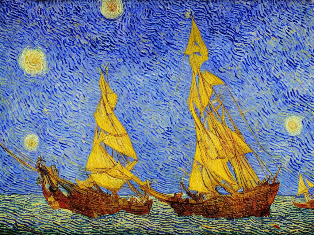 Prompt: oil painting of a viking longship invading south beach miami, light scatter, van gogh