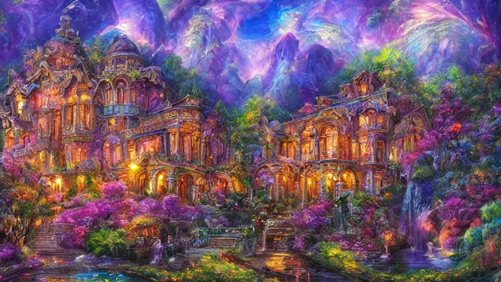 Prompt: A beautiful mansion in the hills”Beautiful Dreamscape, Digital art, concept art, detailed, lovely colors, Art station,3-D 4K, beautiful background, matte painting, Josephine wall,