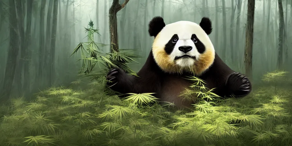 Prompt: beautiful aesthetic digital illustration of a relaxed panda surrounded by an endless forest of weed wlop and Julia Razumova, realistic, photorealistic, hyperrealistic, unreal engine, octane, deviantArt, trending on artstation, artstation HQ