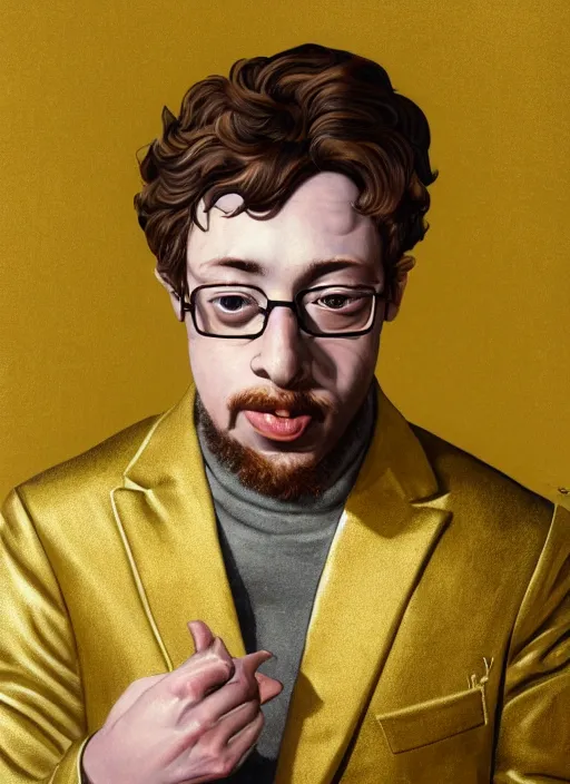 Prompt: Sam Hyde in gold suit, sigma male, accurately portrayed, portrait art by Hokusai, highly detailed, digital painting, concept art, illustration, dim lighting with twilight rays of sunlight, trending on artstation, very detailed, smooth, sharp focus, octane render, close up