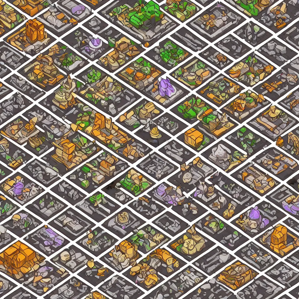 Prompt: isometric lineart tileset pack for magic resource gathering game, png