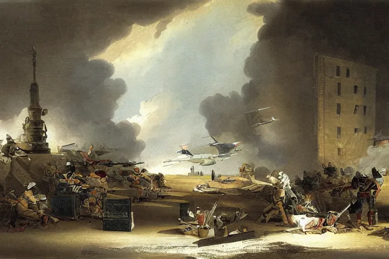 Prompt: flight military unit f - 1 6 painting by hubert robert detailed