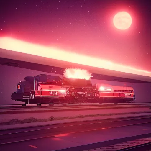 Image similar to “ trains you can ’ t tell are from the future or the past but they look cool as hell, night sky blazing with stars, astrophotography, octane rendering, trending on artstation ”