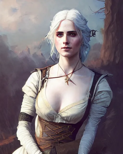 Prompt: Pre-Raphaelite Ciri from Witcher 3 by Artgerm and Greg Rutkowski, wearing haute couture by schiaparelli, sharp focus, sun rays, intricate, elegant, highly detailed, digital painting, pale