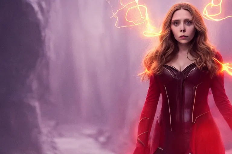 Image similar to movie still of elizabeth olsen as the scarlet witch, facing away from the camera, standing in the middle of a dark cave, holding red magic from her hands, illuminating the area, golden ratio!!!!!, centered, trending on artstation, 8 k quality, cgsociety contest winner, artstation hd, artstation hq, luminous lighting