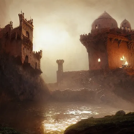 Prompt: prince of persia castle keep on glorious cliff moat with the crescent moon rippling above. Craig Mullins, Dylan Cole, Liang Mark, Darek Zabrocki, Finnian MacManus, Sung Choi, Ruan jia, Albert Bierstadt Greg Rutkowski, Cinematic Keyframe Environmental & Architectural Design Concept Art, Trending on ArtStation