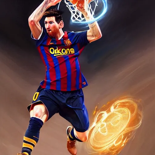 Prompt: Messi dunking on Ronaldo in the NBA, D&D, fantasy, intricate, elegant, highly detailed, digital painting, artstation, concept art, matte, sharp focus, illustration, art by Artgerm and Greg Rutkowski and Alphonse Mucha