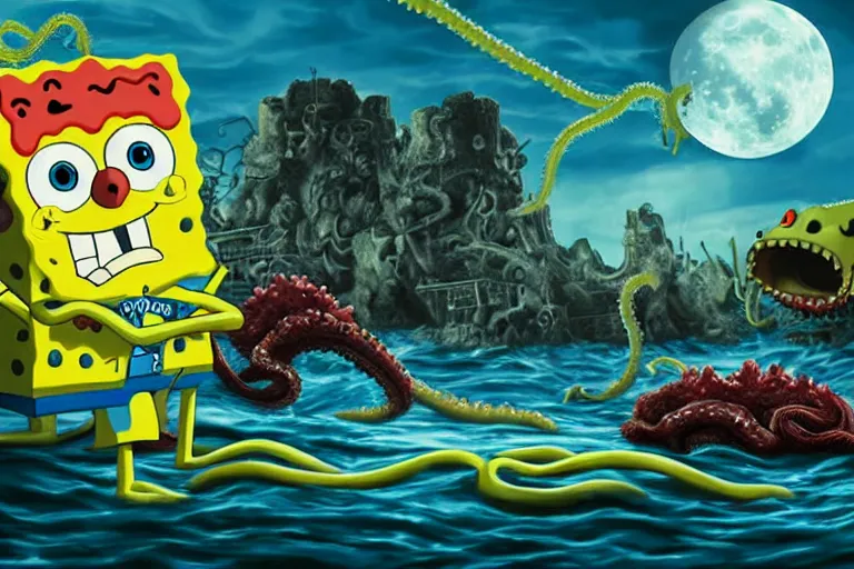 Prompt: Spongebob fighting Cthulhu tentacles, explosions, photorealistic moon surface, high detail, movie poster, lunar, silhouetted