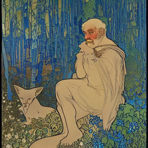 Prompt: landscape art nouveau painting of an old man and his fox in the forest, by alphonse mucha and gustav klimt and antoni gaudi and aubrey beardsley, masterpiece,, warm shades of blue, silver, orange, gold, and pink