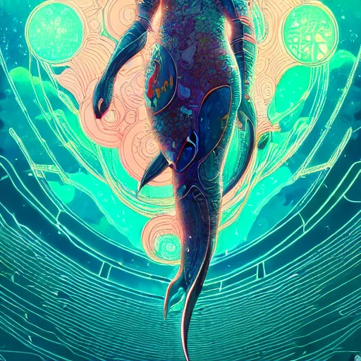 Image similar to a beautiful hyperdetailed character design 4 k wallpaper illustration of a cute dolphin, victo ngai cyberpunk style, from china, style of studio ghibli, makoto shinkai, raphael lacoste, louis comfort tiffany, artgerm, james jean, ross tran, chinese style