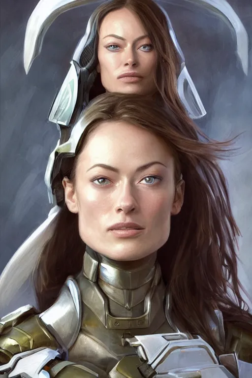 Image similar to a professional painting of a young Olivia Wilde, clothes in military armor, olive skin, long dark hair, beautiful bone structure, symmetrical facial features, intricate, elegant, digital painting, concept art, smooth, sharp focus, illustration, from StarCraft by Ruan Jia and Mandy Jurgens and Artgerm and William-Adolphe Bouguerea