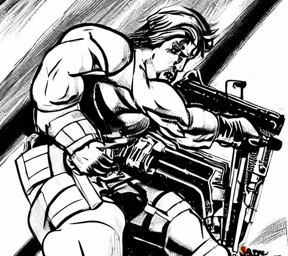 Image similar to solid snake breaking into a warehouse while riding a motorcycle and firing a gun, in the style of jack kirby